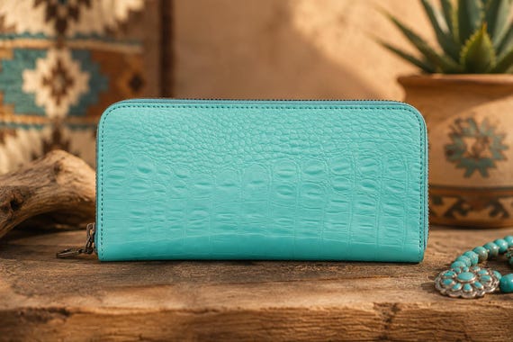 Ladies American Alligator Zipper Wallet Aqua Blue