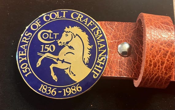 Colt 1986 150th Anniversary Gold Buckle, USA, w/ Premium Buffalo Leather Belt.