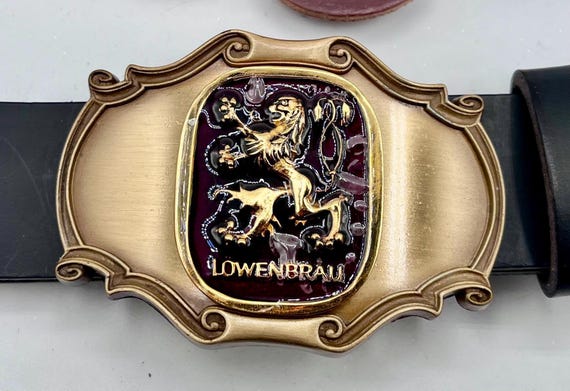 Lowenbrau Trophy Buckle with Handmade Cowhide Leather Belt – 1970s Western Style