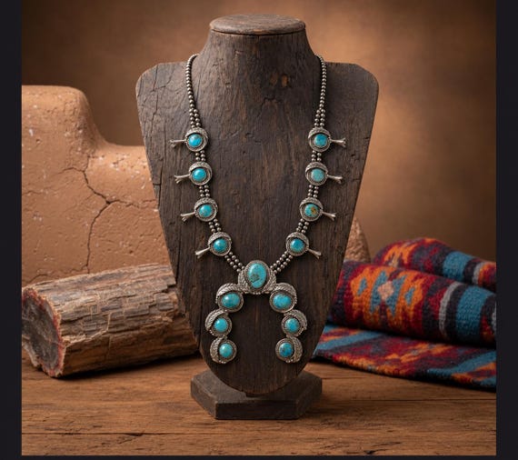 Sterling Silver Kingman Turquoise Premium Squash Blossom Necklace | Southwestern Statement Pendant
