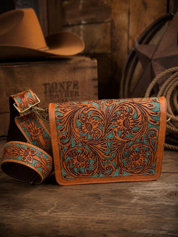 Southwestern Hand Carved leather Crossbody bag in Tan and Turquoise