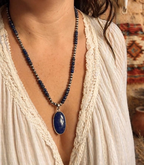Lapis Pendant Necklace | Sterling Silver Navajo Pearl Necklace | 22” Southwestern Statement Jewelry