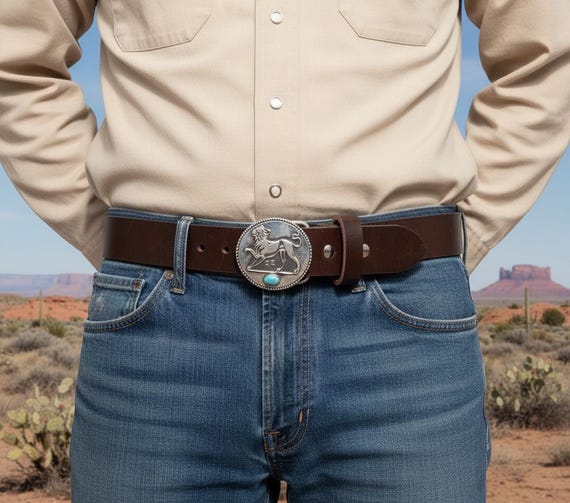 Lion Sterling Silver Belt Buckle - Turquoise Accent on Leather