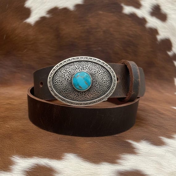 Sterling Silver Turquoise Belt Buckle w/ Premium Leather Belt Southwestern Cowboy Style