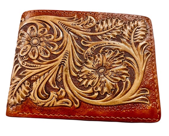 Men’s Leather Wallet: Hand Carved Design - Compact Bifold