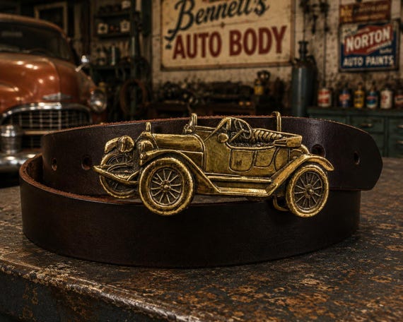 Vintage Ford Model T Style Brass Touring Car Belt Buckle with Handmade Leather Belt | Antique Automobile Gift | Classic Car