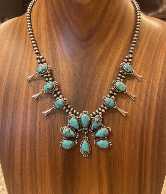 Southwestern Sierra Blue Turquoise Squash Blossom Necklace | Sterling Silver Beaded Necklace | Statement Turquoise Pendant | Western Gift