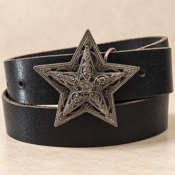 Star Belt Buckle, Vintage Victorian Belt Buckle & Custom Genuine Leather Belt, Ornate Silver Tone Medallion, Renaissance Statement Belt,