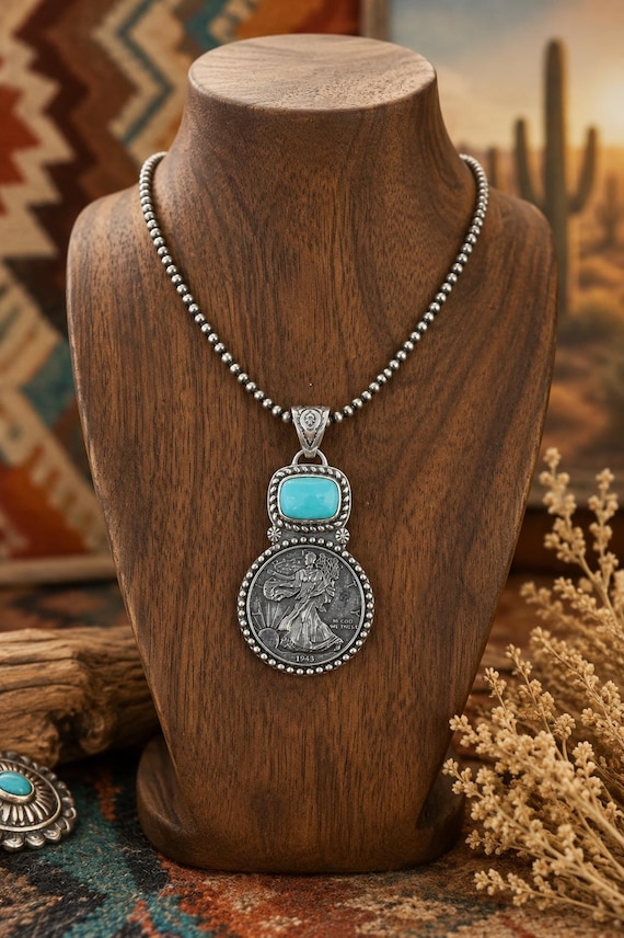 Vintage Walking Liberty Coin Pendant - Sterling Silver with Turquoise Stone