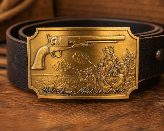 Vintage Colt Army Model .44 Cal 1860 Belt Buckle with Custom Leather Belt | Western Cowboy Belt | Colt Firearms Collector Buckle | Americana