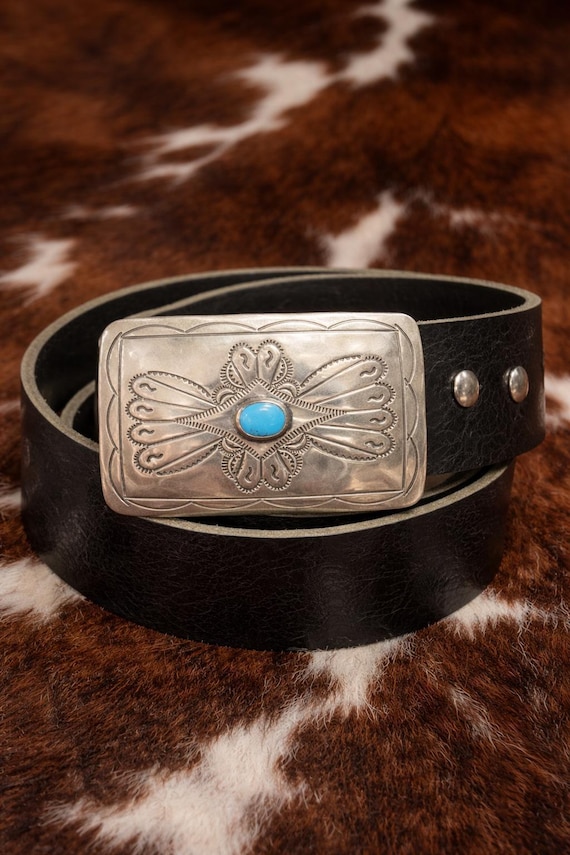 Vintage NOS Southwestern Turquoise Sterling Silver Belt Buckle, Optional Leather Belt