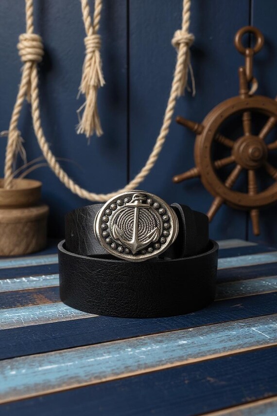 Nautical Brass Belt Buckle, Anchor with Beaded Edge - Handmade Leather Belt