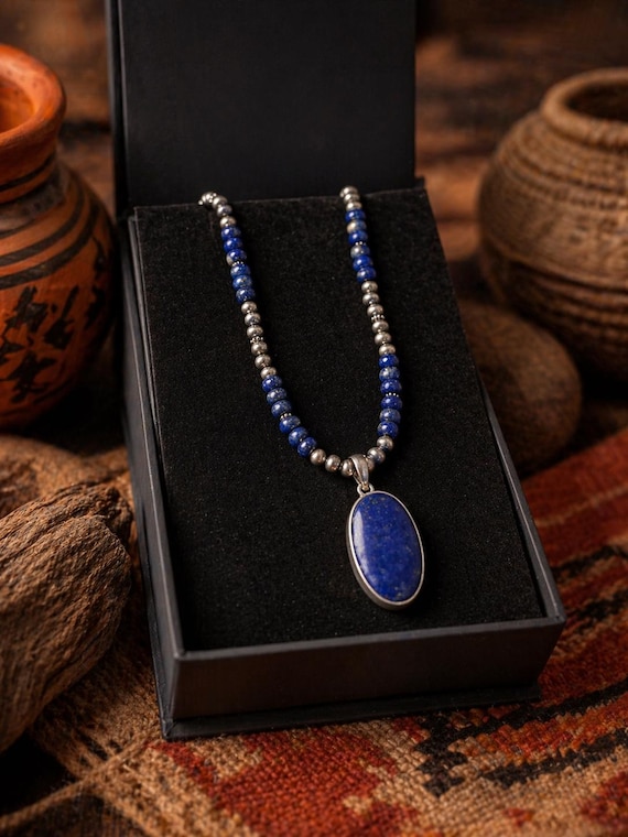 Lapis Pendant Necklace | Sterling Silver Navajo Pearl Necklace | 22” Southwestern Statement Jewelry
