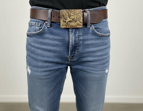 Vintage Belt Buckle Wyoming American Eagle Solid Brass, Optional Belt