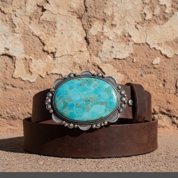 Sterling Silver Turquoise Belt Buckle, Southwestern Boho Western Accessory, Genuine Leather Belt