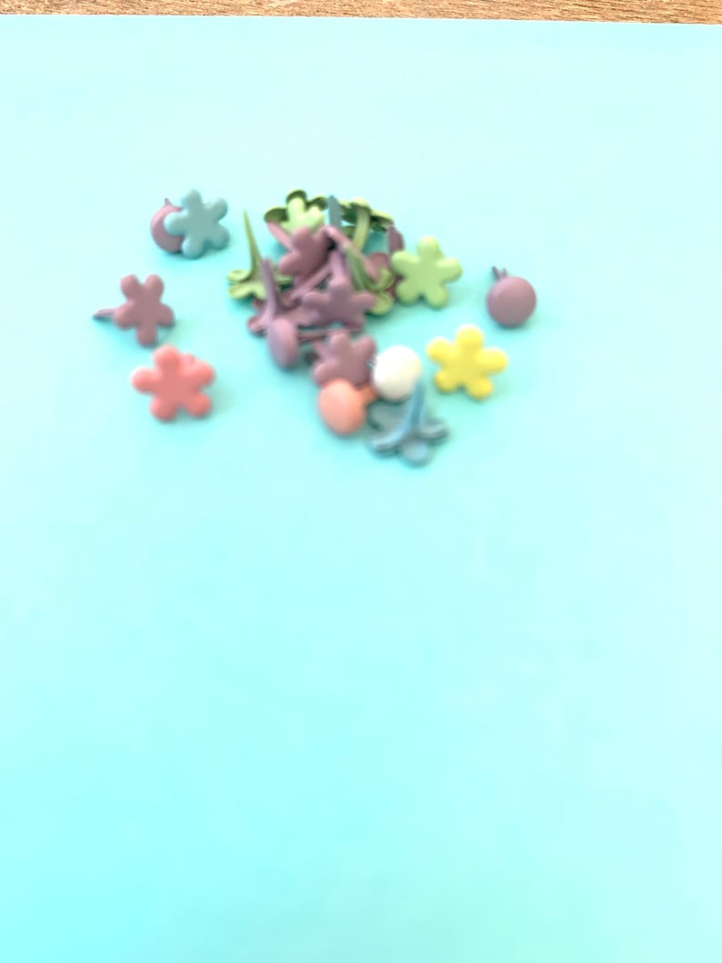 May include: A collection of pastel-colored metal flower-shaped brads. The brads are in shades of pink, green, yellow, and blue.