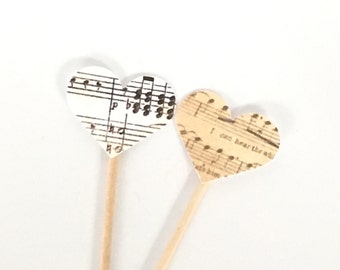 Music Cupcake Toppers, Vintage Sheet Music Decor, Food Flags,  Wedding, Shower Cupcake Topper