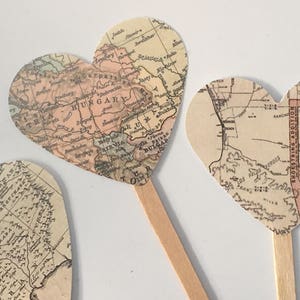 Vintage Map Heart Cupcake Toppers, Bon Voyage,  Weddings,  Showers