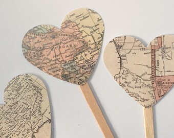 Vintage Map Heart Cupcake Toppers, Bon Voyage,  Weddings,  Showers