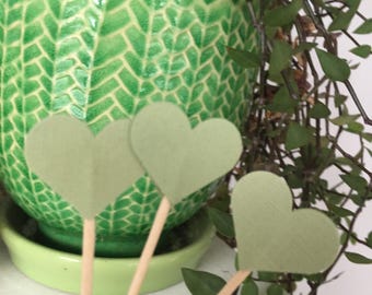 Sage Green Heart Cupcake Toppers , Appetizer picks, wedding decor, bridal and baby shower decor