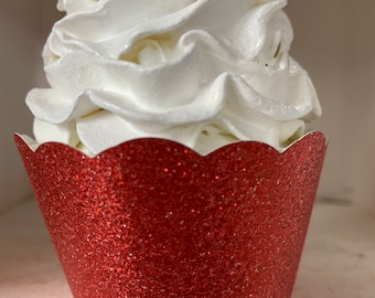 Red Glitter Cupcake Wrappers, Red Sparkle,  Valentine Decor