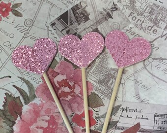 Pink Glitter Hearts Cupcake Toppers or Appetizer Picks