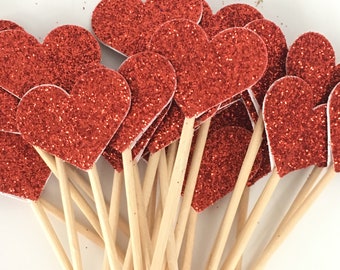 Red Glitter Heart Cupcake Toppers, Red Sparkle Food Picks, Valentine Decor