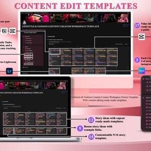 May include: A digital workspace template for lifestyle and fashion content creators. The image shows a laptop, desktop monitor, and smartphone displaying the template's features, including to-do lists, story ideas, and customizable templates. The background is a gradient of pink.