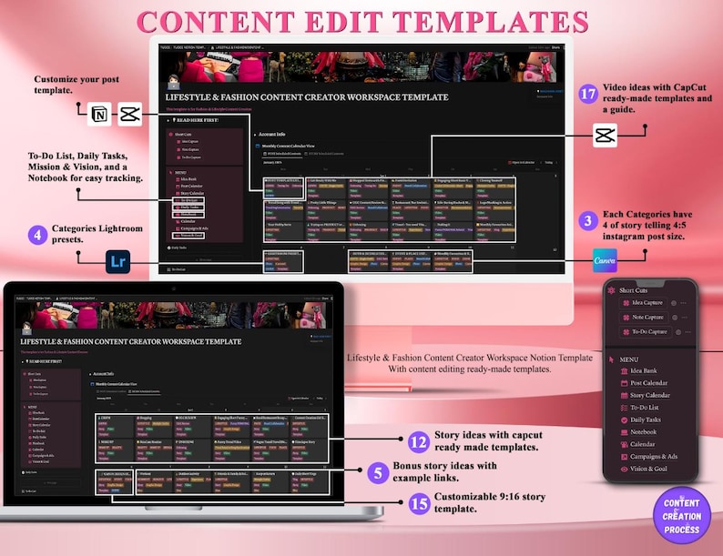 May include: A digital workspace template for lifestyle and fashion content creators. The image shows a laptop, desktop monitor, and smartphone displaying the template's features, including to-do lists, story ideas, and customizable templates. The background is a gradient of pink.