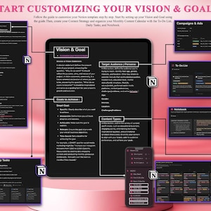 May include: A digital marketing and content creation guide, with the text "START CUSTOMIZING YOUR VISION & GOALS". The image shows a tablet, phone, and several smaller screens with black backgrounds and white text, connected by lines. The screens display information about goals, tasks, and content.