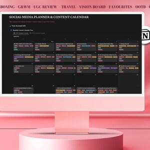 May include: A computer screen displaying a social media planner and content calendar for the month of April. The calendar is divided into days and includes various content ideas, such as "Travel with Trend Daily", "OOTD & Outfit Ideas", and "Life-Hacks & Make-Up Tips".