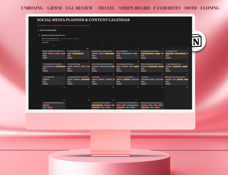 May include: A computer screen displaying a social media planner and content calendar for the month of April. The calendar is divided into days and includes various content ideas, such as "Travel with Trend Daily", "OOTD & Outfit Ideas", and "Life-Hacks & Make-Up Tips".