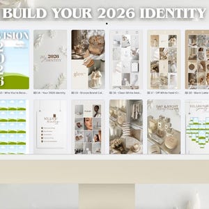 May include: A computer monitor displays a collection of digital mood boards with the text "BUILD YOUR 2026 IDENTITY." The boards feature various themes, including vision boards, aesthetic layouts, and relationship goals, in a neutral color palette.