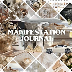 May include: A collage featuring a laptop, perfume, a sports car, and a plane, with the text "Manifestation Journal" in the center. The image has a luxurious theme with champagne glasses, money, and a credit card.