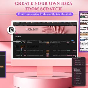 May include: A pink desktop computer and smartphone display a content creation process. The screen shows "Idea Bank" and options for video, photo, carousel, graphic design, story, account, and sound. Text reads "Create Your Own Idea From Scratch."