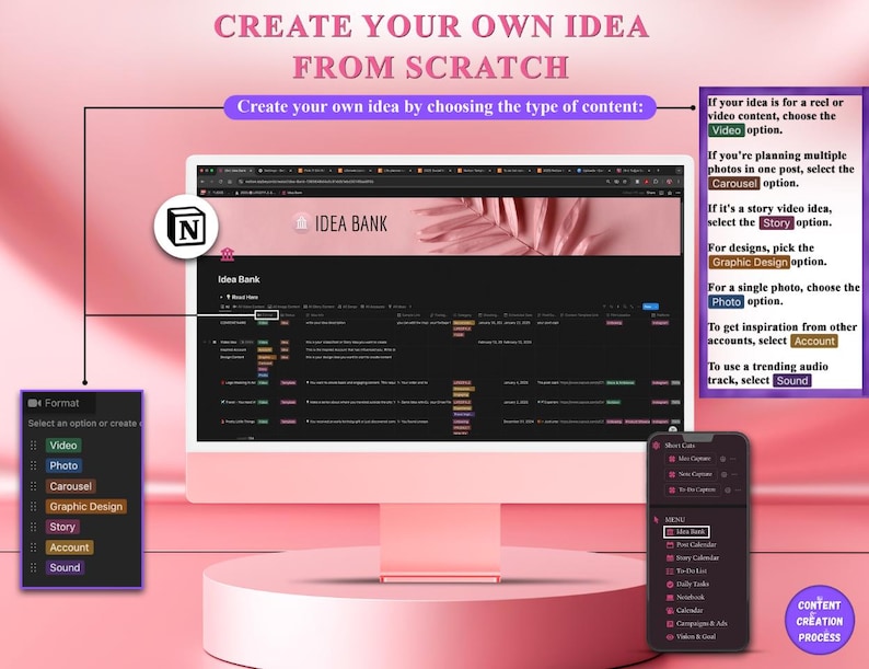 May include: A pink desktop computer and smartphone display a content creation process. The screen shows "Idea Bank" and options for video, photo, carousel, graphic design, story, account, and sound. Text reads "Create Your Own Idea From Scratch."