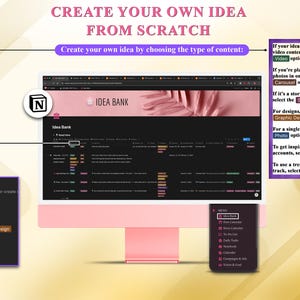 May include: A pink computer monitor displays a website interface with the text "Idea Bank." The image includes text that says "Create Your Own Idea From Scratch" and instructions for content creation, including options for video, photo, and graphic design.