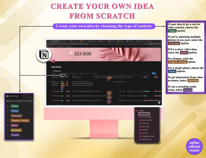 May include: A pink computer monitor displays a website interface with the text "Idea Bank." The image includes text that says "Create Your Own Idea From Scratch" and instructions for content creation, including options for video, photo, and graphic design.