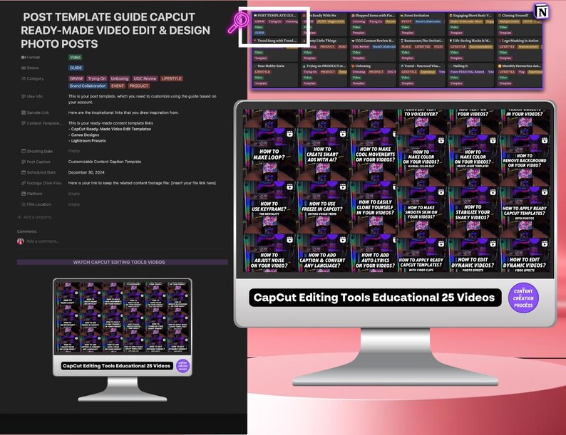 May include: A computer monitor displays a CapCut editing guide with educational videos. The screen shows a grid of video thumbnails with text like "How to Make Loop?" and "How to Create Smart Ads with AI?". The text "CapCut Editing Tools Educational 25 Videos" is also visible.