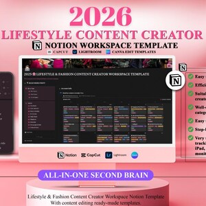 May include: A pink digital workspace template for 2026 Lifestyle Content Creators. The image shows a computer monitor, a smartphone, and a pink stand. The template includes features for content creation, with the text "Notion Workspace Template".