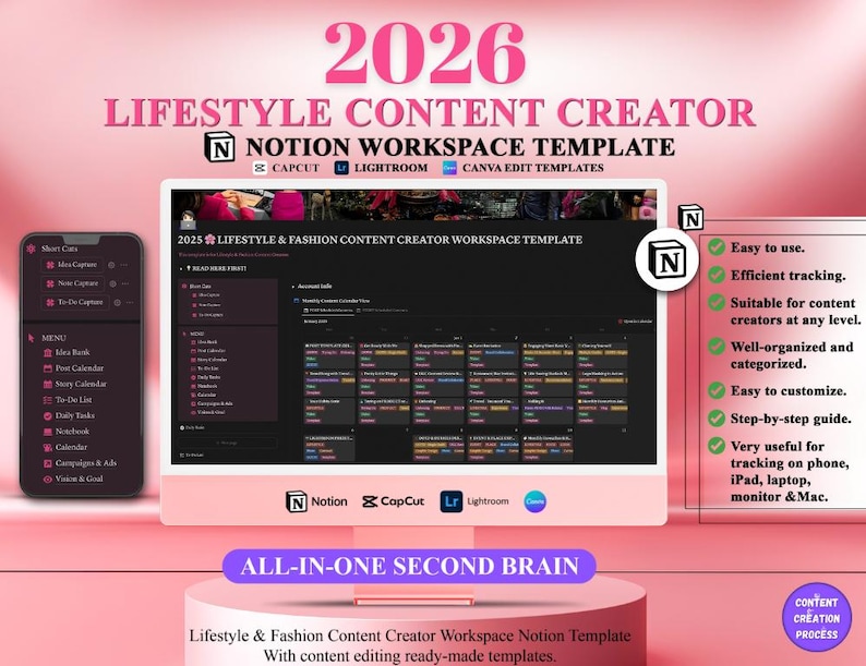 May include: A pink digital workspace template for 2026 Lifestyle Content Creators. The image shows a computer monitor, a smartphone, and a pink stand. The template includes features for content creation, with the text "Notion Workspace Template".