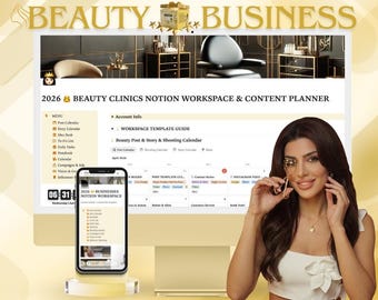 Szablon obszaru roboczego BEAUTY Industry Notion i kalendarz treści do mediów społecznościowych z miesięcznym planem treści z Capcut i ponad 500 szablonami Canva
