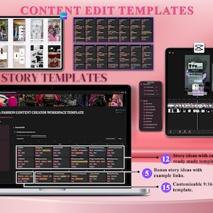 May include: A laptop screen displaying a content creator workspace template with a dark background and pink accents. The template includes a calendar, a list of content ideas, and a section for story templates. The text on the screen reads "Lifestyle & Fashion Content Creator Workspace Template".