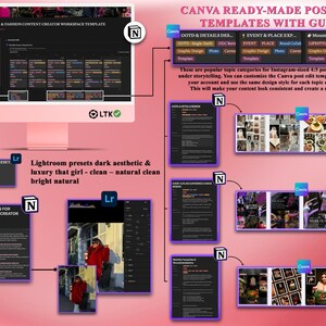 May include: A pink graphic with text and screenshots related to content creation. The text includes "Canva Ready-Made Post Edit Templates With Guide" and "Lightroom Presets". The image also shows a computer screen and several smaller images.