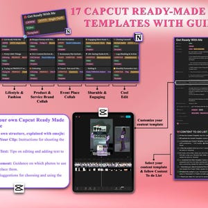 May include: A digital guide with 17 CapCut edit templates. The image features a tablet displaying video editing software, alongside a checklist and a series of template categories. Text includes "Get Ready With Me" and instructions for video creation.