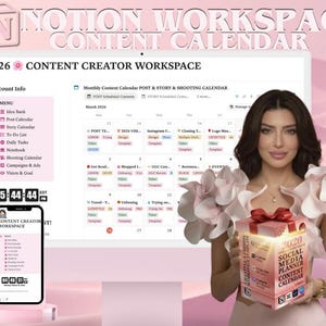 May include: A woman holds a glowing pink box labeled "2026 Social Media Planner Content Calendar." A computer screen displays a Notion workspace calendar, and a phone shows the same interface. The image has a pink and white color scheme.