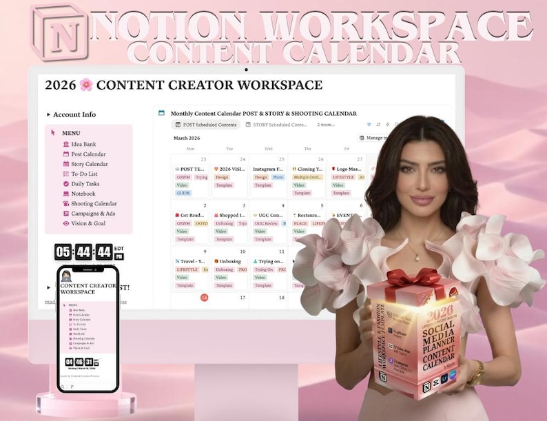 May include: A woman holds a glowing pink box labeled "2026 Social Media Planner Content Calendar." A computer screen displays a Notion workspace calendar, and a phone shows the same interface. The image has a pink and white color scheme.