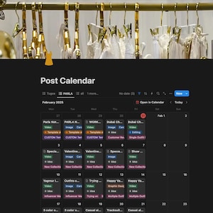 May include: A calendar with a dark background and a grid of squares. Each square represents a day of the month and contains a title, a type of content, and a description. The calendar is for February 2025 and shows the dates from the 27th to the 2nd.