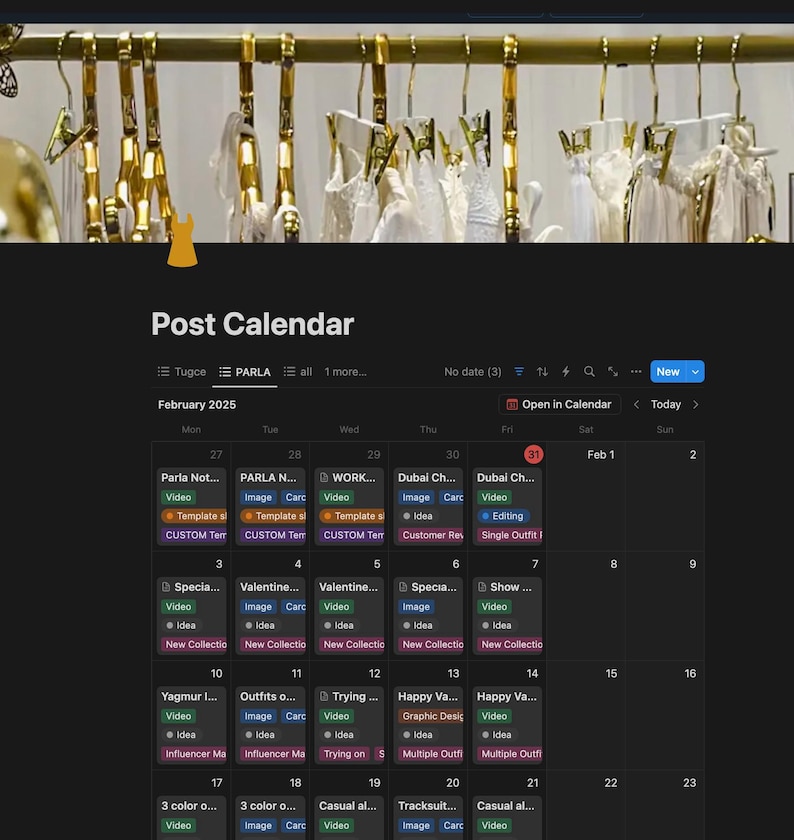 May include: A calendar with a dark background and a grid of squares. Each square represents a day of the month and contains a title, a type of content, and a description. The calendar is for February 2025 and shows the dates from the 27th to the 2nd.
