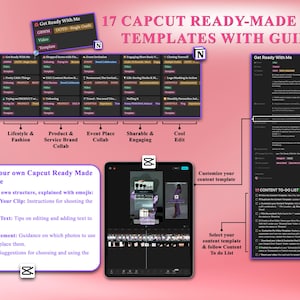 May include: A pink and white graphic with the text "17 Capcut Ready-Made Edit Templates with Guide". The graphic shows a flowchart with different video content topics, including lifestyle and fashion, product and service brand collab, event place collab, sharable and engaging, and cool edit. The graphic also shows a screenshot of the Capcut app with a video editing template.